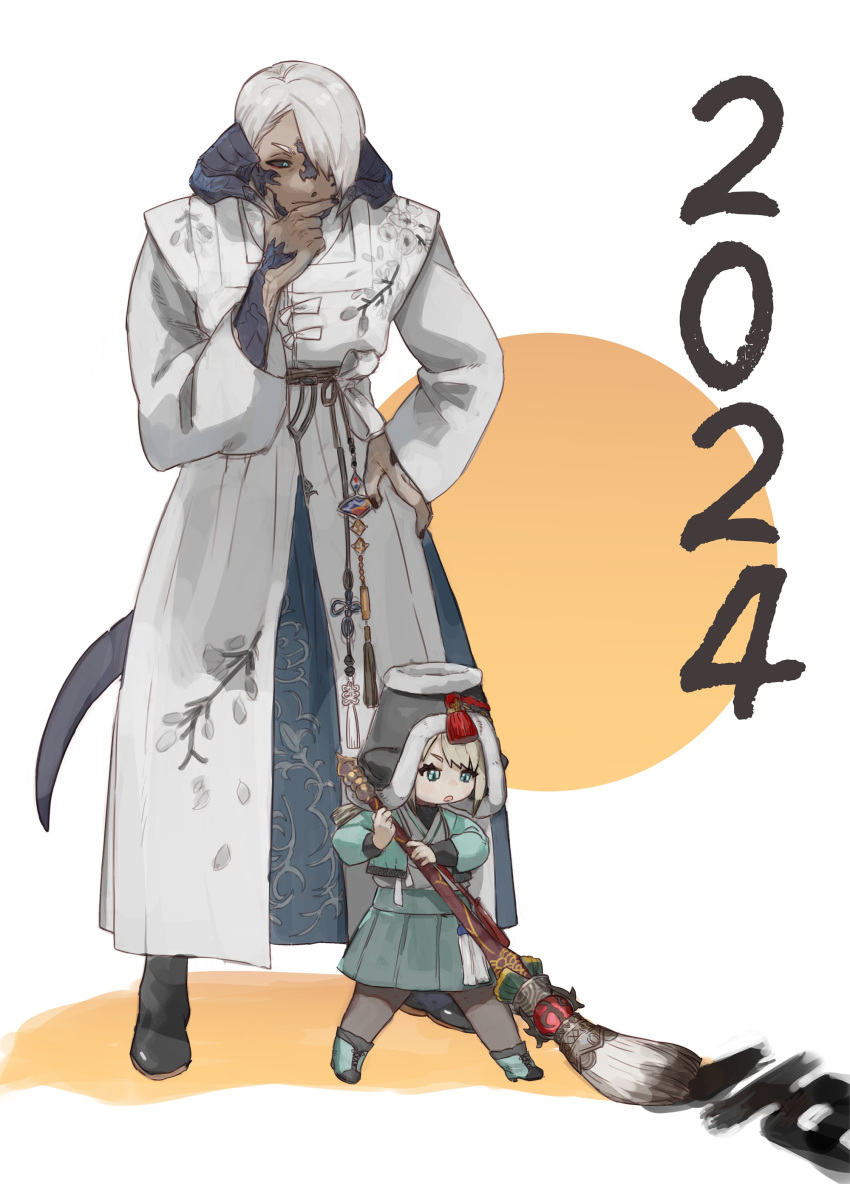 1boy 1girl 2024 absurdres akeome au_ra black_footwear black_sclera blue_eyes blue_jacket blue_skirt calligraphy_brush colored_sclera final_fantasy final_fantasy_xiv gg_dal grey_pantyhose hand_on_own_chin hand_on_own_hip happy_new_year hat highres holding horns jacket lalafell long_sleeves monster_boy paintbrush pantyhose robe scales short_hair skirt standing stroking_own_chin tail warrior_of_light_(ff14) white_background white_hair white_robe