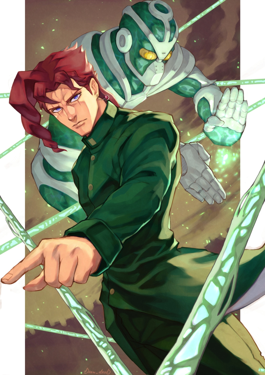 1boy blue_eyes closed_mouth coat commentary_request earrings green_coat green_pants hierophant_green highres jewelry jojo_no_kimyou_na_bouken kakyoin_noriaki long_hair long_sleeves looking_at_viewer male_focus pants pointing pointing_forward redhead scar scar_across_eye school_uniform shikabane_(draw_tadao14) signature stand_(jojo) standing stardust_crusaders