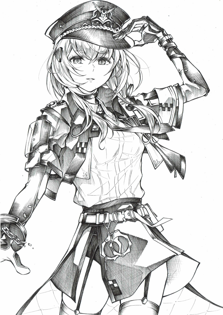 1girl absurdres alisa_(punishing:_gray_raven) alternate_costume cuffs folmauth greyscale handcuffs hat highres long_hair looking_at_viewer mechanical_arms monochrome parted_lips police police_hat police_uniform punishing:_gray_raven shirt side_slit sidelocks solo suspenders thigh-highs uniform walkie-talkie white_background