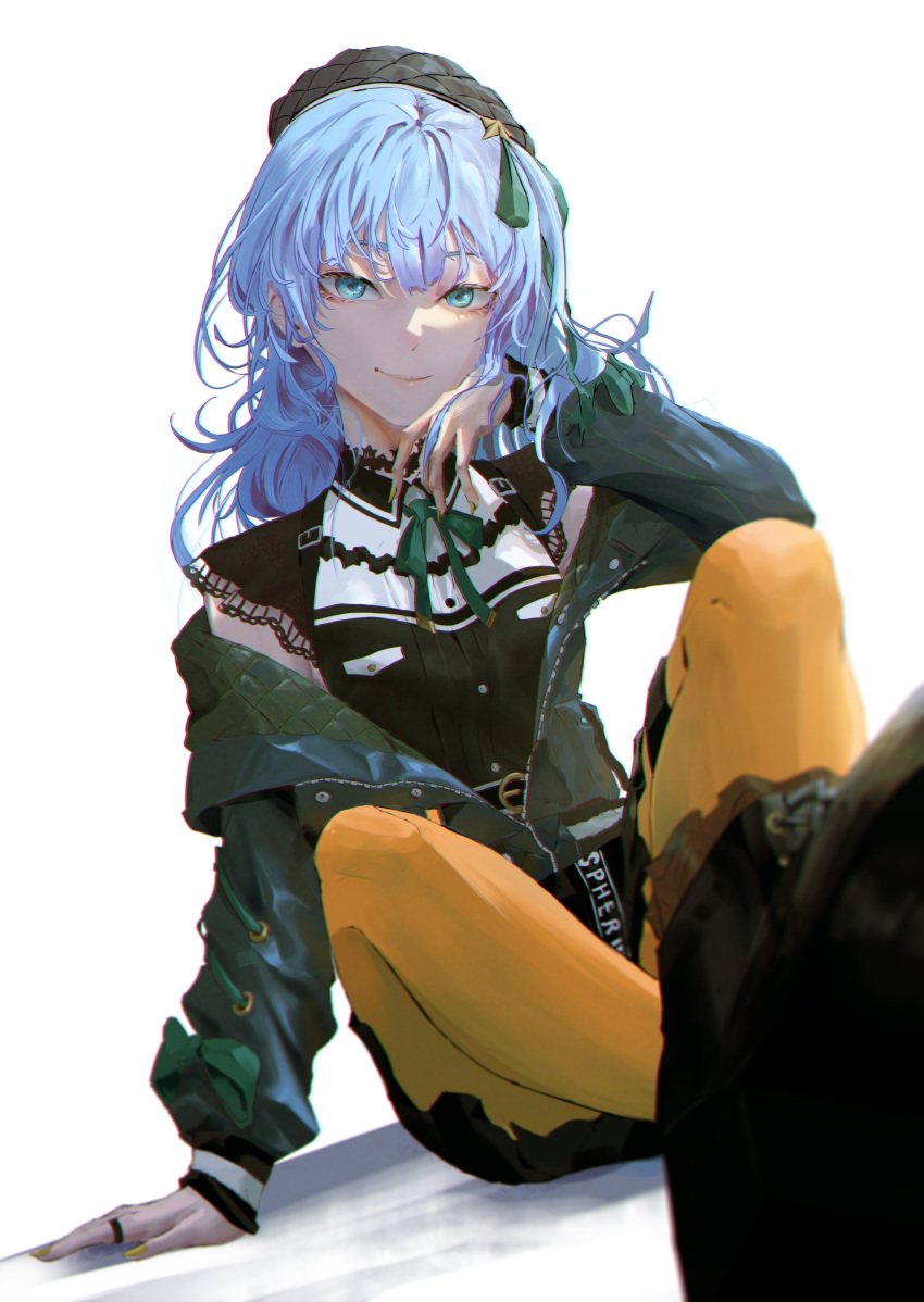 1girl absurdres beret black_footwear blue_eyes blue_hair boots breasts choker commentary cross-laced_footwear green_ribbon grey_headwear hair_between_eyes hair_ribbon hat highres hololive hoshimachi_suisei hoshimachi_suisei_(streetwear) jacket lace_sleeves long_hair long_sleeves looking_at_viewer open_clothes open_jacket orange_pantyhose pantyhose plaid plaid_jacket ribbon simple_background small_breasts smile solo star_(symbol) vinoillust virtual_youtuber white_background yellow_nails