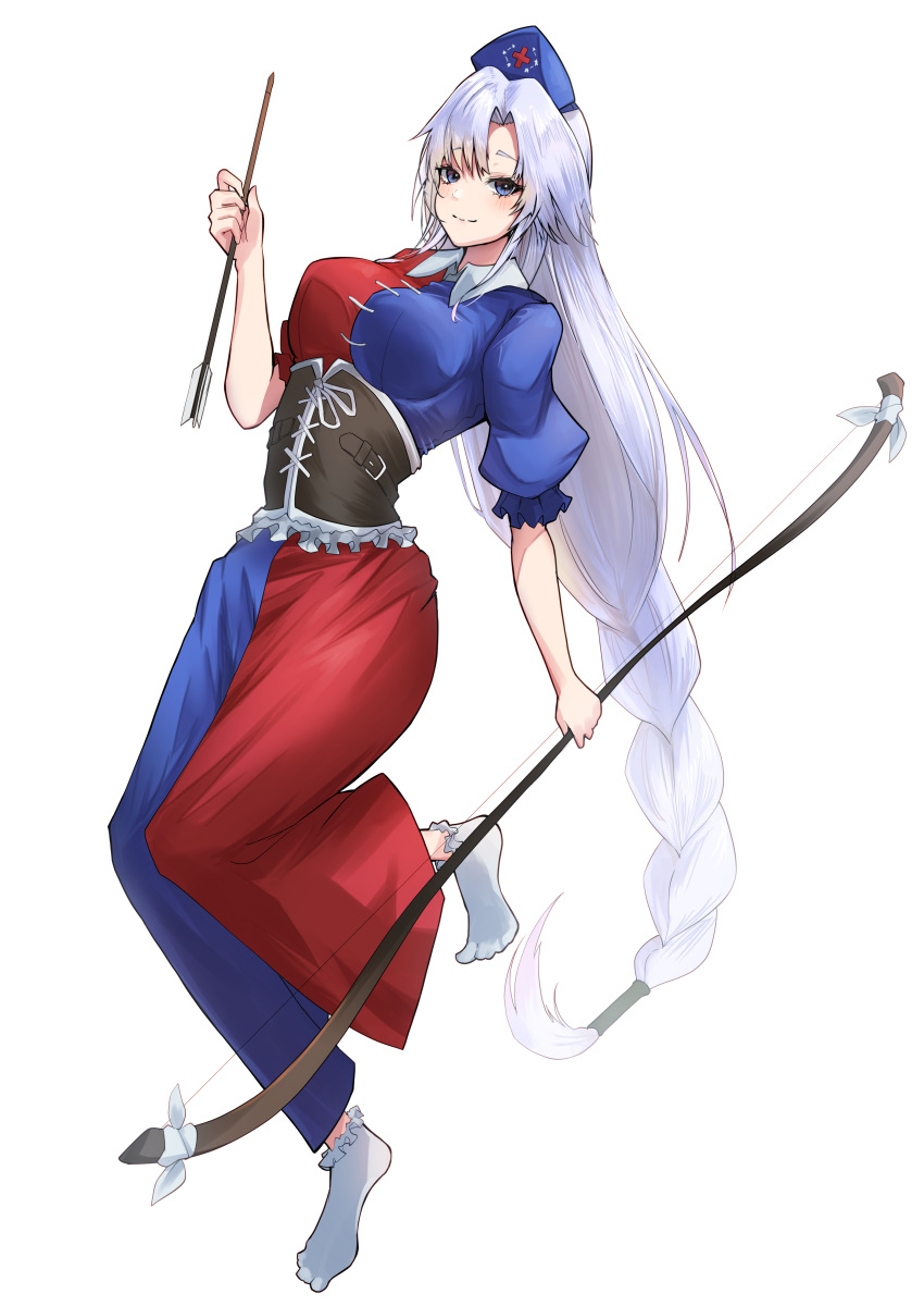 1girl absurdres arrow_(projectile) blue_dress blue_eyes blue_headwear bow_(weapon) braid braided_ponytail breasts brown_corset closed_mouth collared_dress corset curtained_hair dress frilled_sleeves frilled_socks frills full_body hat highres holding holding_arrow holding_bow_(weapon) holding_weapon large_breasts long_braid long_hair looking_at_viewer red_dress smile socks standing standing_on_one_leg tachi-e touhou two-tone_dress weapon white_socks yagokoro_eirin yagoro_kusuriya
