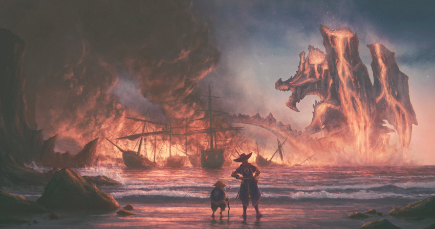 2boys absurdres beach boots cane cavalier_hat cropped_jacket dire_miralis dragon fantasy fire from_behind giant giant_monster gloves guild_bard_(armor) hands_on_own_hips hat hat_feather highres lava monster_hunter_(series) multiple_boys ocean old old_man rock saber_(weapon) scenery sheath ship sky smoke smoking_pipe standing sword valky_uniguri water watercraft weapon