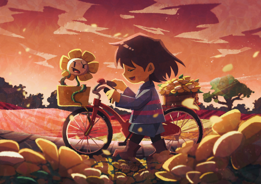 1other absurdres androgynous ankle_boots bicycle blue_shorts boots brown_footwear brown_hair child chinese_commentary closed_eyes clouds commentary_request evening field flower flower_field flowey_(undertale) frisk_(undertale) from_side full_body highres long_sleeves open_mouth orange_sky other_focus outdoors purple_sweater scenery short_hair shorts sideways_mouth sky smile sunset sweater tree undertale walking watawata22 yellow_flower