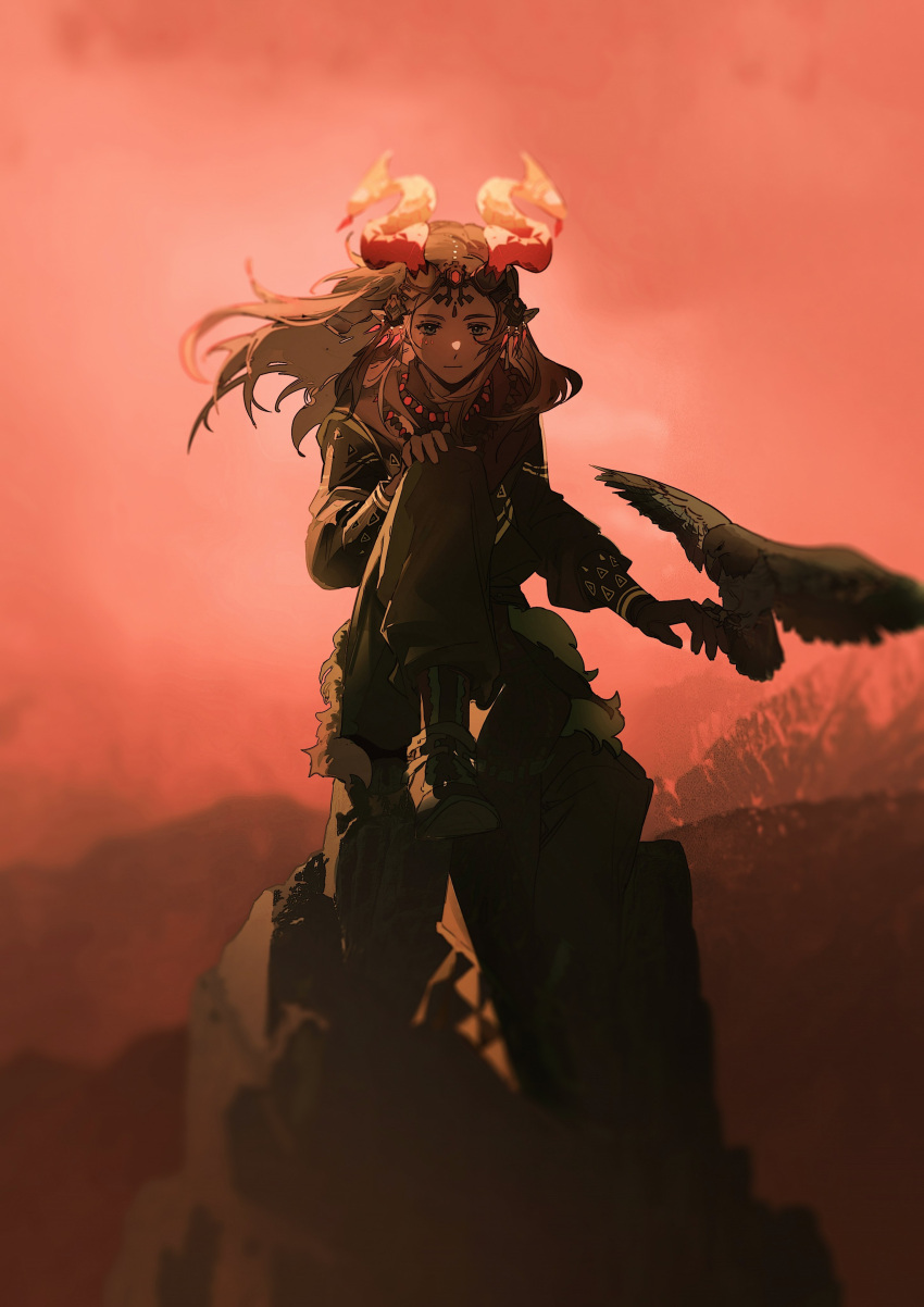 1boy absurdres bird blonde_hair dark eagle ember_set_(zelda) facial_mark fake_horns headdress highres horned_headwear horned_tiara horns jewelry knee_up link long_hair necklace parted_bangs pointy_ears red_theme solo the_legend_of_zelda the_legend_of_zelda:_tears_of_the_kingdom yuno_11_02