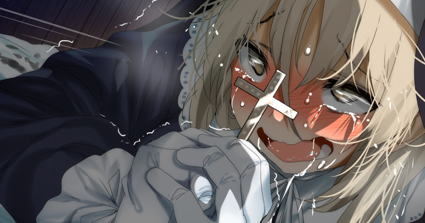 1girl blonde_hair cross crying crying_with_eyes_open fumihiko_(fu_mihi_ko) gloves holding holding_cross nijisanji nun on_bed open_mouth saliva shaking sister_claire sister_claire_(1st_costume) smile solo tears virtual_youtuber white_gloves