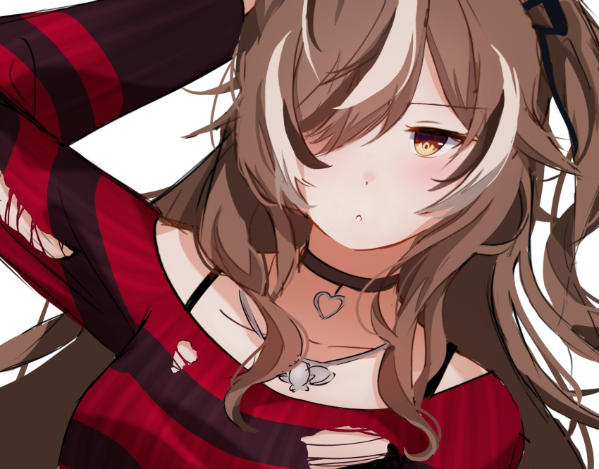 1girl arm_up black_choker black_hair black_ribbon black_sweater brown_eyes brown_hair choker collarbone emo_fashion expressionless hair_over_one_eye hair_ribbon heart heart_choker highres hololive hololive_english jewelry long_hair looking_at_viewer lying multicolored_hair nanashi_mumei nanashi_mumei_(4th_costume) necklace off-shoulder_sweater off_shoulder official_alternate_costume official_alternate_hairstyle on_back one_side_up open_mouth red_sweater ribbon se10on simple_background solo streaked_hair striped_clothes striped_sweater sweater torn_clothes torn_sweater two-tone_sweater virtual_youtuber white_background white_hair