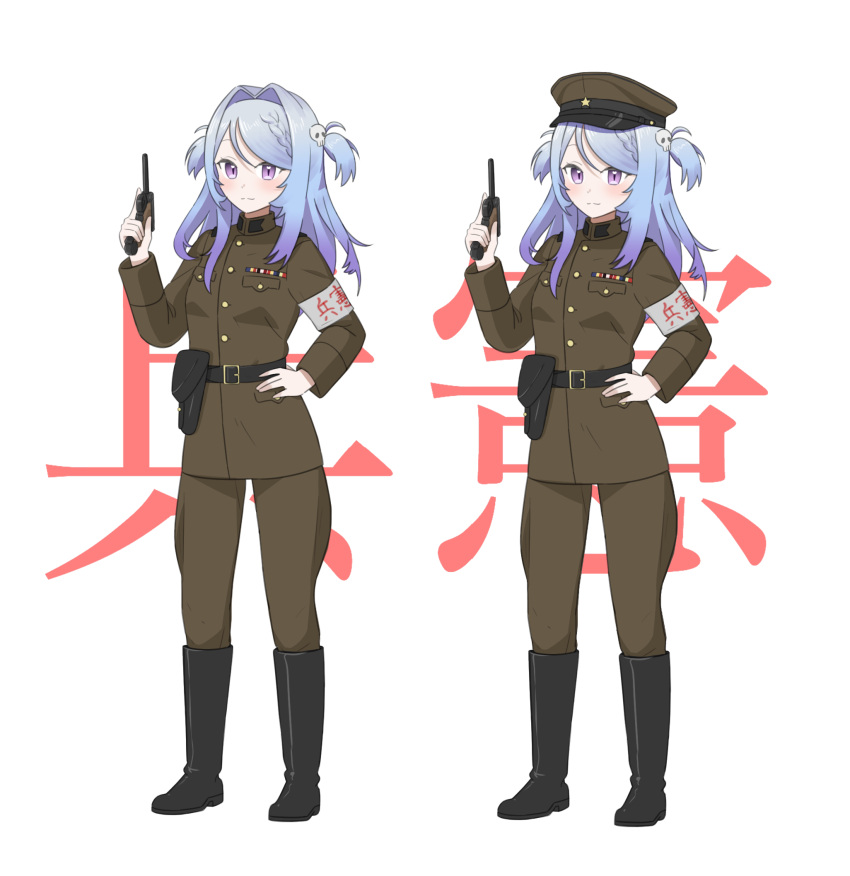 1girl armband black_cat03 black_footwear blue_hair boots commentary commission gradient_hair gun hair_ornament handgun hat highres holding holding_gun holding_weapon holster imperial_japanese_army indie_virtual_youtuber kempeitai knee_boots multicolored_hair nambu_type_14 peaked_cap police police_uniform purple_hair skull_hair_ornament slit_pupils smile trigger_discipline two_side_up uniform violet_eyes weapon yumemi_rurumi
