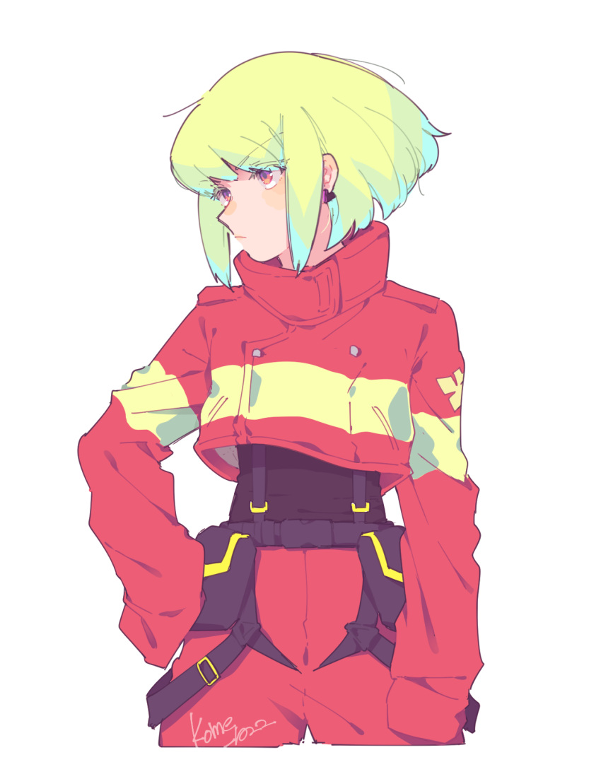 1boy androgynous arm_at_side artist_name belt blush commentary cropped_jacket cropped_legs expressionless firefighter_jacket green_hair hand_on_own_hip highres jacket kome_1022 lio_fotia long_sleeves looking_to_the_side male_focus pink_eyes pocket promare short_hair sidelocks simple_background white_background
