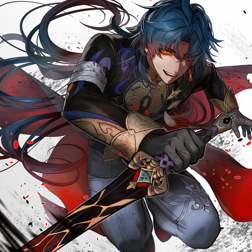 1boy absurdres bandaged_arm bandaged_hand bandages bandages_over_clothes black_gloves blade_(honkai:_star_rail) blue_hair chinese_clothes earrings eyes_visible_through_hair falling_petals floating_hair gloves glowing glowing_eyes hair_over_one_eye highres holding holding_sword holding_weapon honkai:_star_rail honkai_(series) jewelry kamino_eru long_hair long_sleeves looking_at_viewer male_focus mandarin_collar open_mouth pants parted_lips petals red_eyes red_footwear reverse_grip round_teeth single_glove smile sword teeth weapon