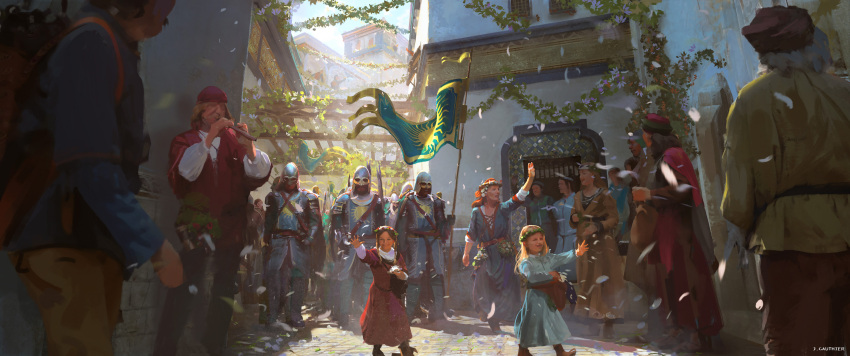 6+boys 6+girls absurdres armor child city cloak crowd door falling_petals flag garland_(decoration) helmet highres holding holding_flag multiple_boys multiple_girls numenor official_art parade petals playing_flute polearm red_headwear red_tunic renart rings_of_power road scenery shoulder_armor spear street tabard throwing_petals tolkien's_legendarium tunic watermark weapon