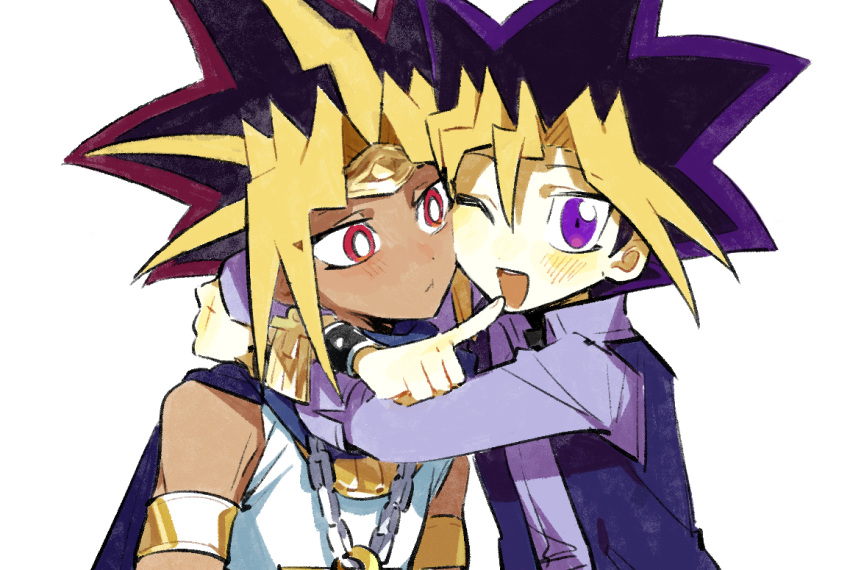 2boys affectionate arms_around_neck atem black_hair blonde_hair blush cape dark-skinned_male dark_skin earrings egyptian_clothes gold_armlet gold_circlet hair_between_eyes happy jewelry kailanzi looking_at_another looking_at_viewer male_focus millennium_puzzle multicolored_hair multiple_boys mutou_yuugi one_eye_closed open_mouth pointing purple_cape purple_hair red_eyes redhead short_hair spiky_hair tan upper_body violet_eyes white_background yu-gi-oh! yu-gi-oh!_duel_monsters