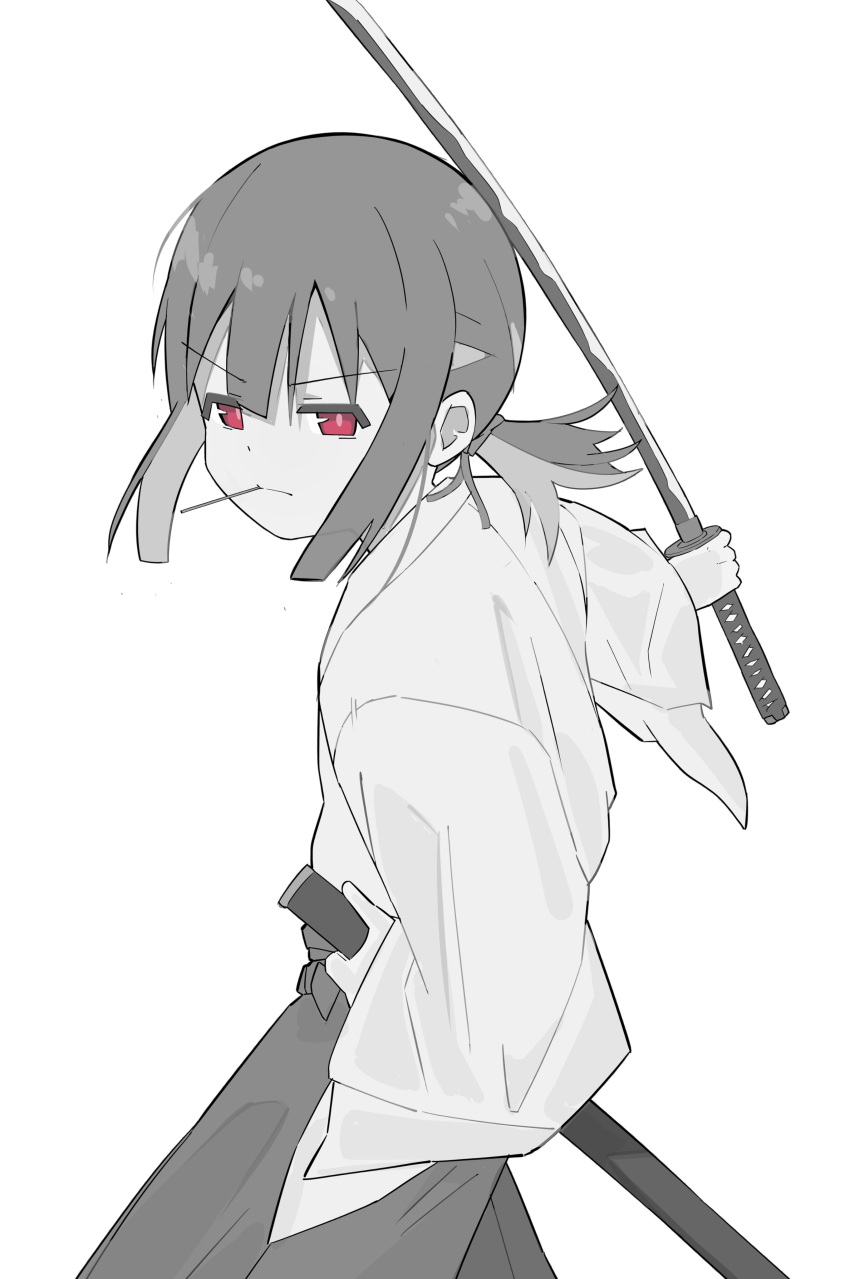 1girl absurdres blunt_bangs blunt_ends commentary greyscale hair_between_eyes hakama highres hip_vent holding holding_sword holding_weapon hozuki_momiji japanese_clothes katana kimono long_hair looking_at_viewer monochrome mouth_hold multicolored_hair onii-chan_wa_oshimai! red_eyes samurai serious sheath short_hair short_ponytail simple_background solo spot_color stalk_in_mouth sword two-tone_hair weapon white_background wide_sleeves yama_h15