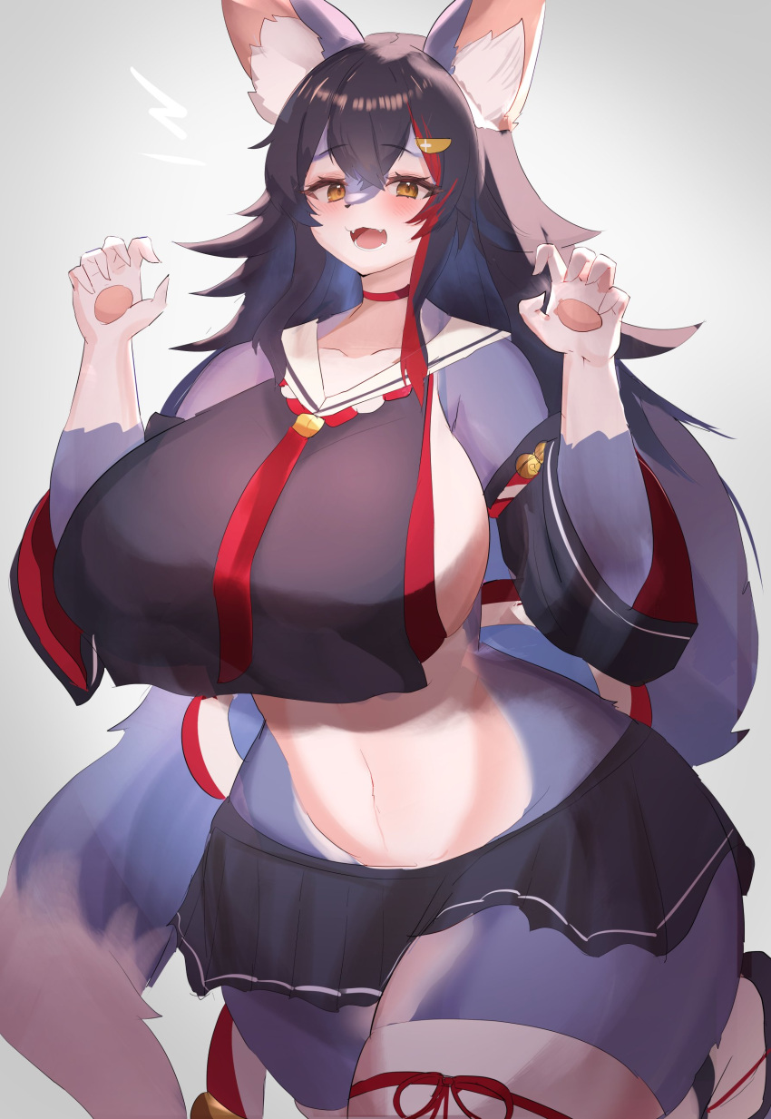 1girl absurdres animal_ear_fluff animal_ears black_hair blush breasts choker detached_sleeves furrification furry furry_female hair_ornament hands_up highres hololive huge_breasts kyuuri24 long_hair looking_at_viewer multicolored_hair ookami_mio ookami_mio_(1st_costume) open_mouth red_choker redhead rope sailor_collar shimenawa shirt simple_background skirt solo tail tail_around_own_leg virtual_youtuber white_background wolf_ears wolf_girl wolf_tail yellow_eyes