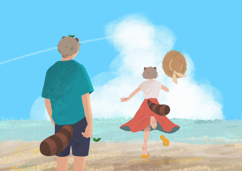 1boy 1girl alternate_costume animal_ears anipoko arms_at_sides barefoot beach black_shorts blue_shirt blue_sky brother_and_sister brown_hair clouds contrail cumulonimbus_cloud day facing_another facing_away flip-flops floating_hat from_behind highres holding holding_leaf horizon leaf leaf_on_head long_skirt mode_aim momoco_(momco04) ocean outdoors ponpoko_(vtuber) raccoon_boy raccoon_ears raccoon_girl raccoon_tail red_skirt running sand sandals shirt shoes short_hair short_sleeves shorts siblings single_shoe skirt sky t-shirt tail virtual_youtuber white_shirt