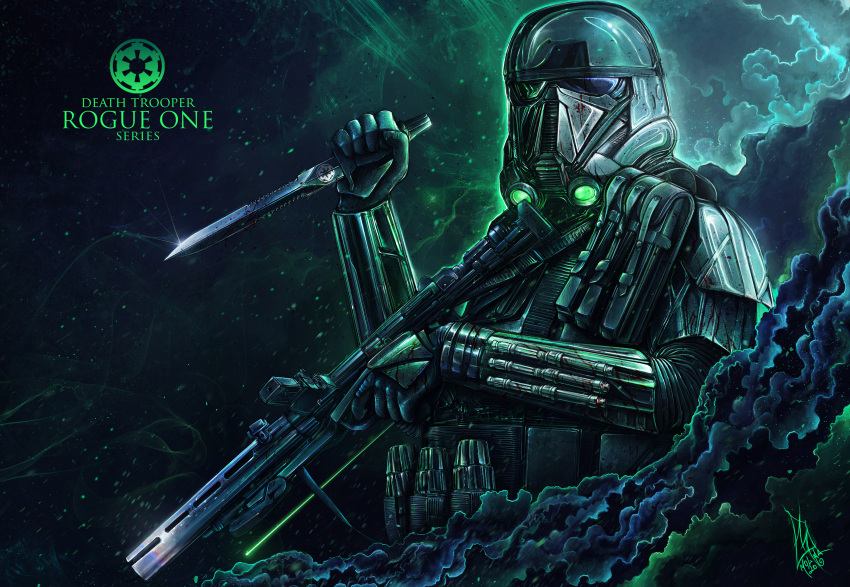 1boy absurdres black_gloves deathtrooper english_commentary galactic_empire gloves glowing gun helmet highres holding holding_gun holding_knife holding_weapon knife male_focus pouch rogue_one:_a_star_wars_story shanemolina signature smoke solo star_wars upper_body weapon