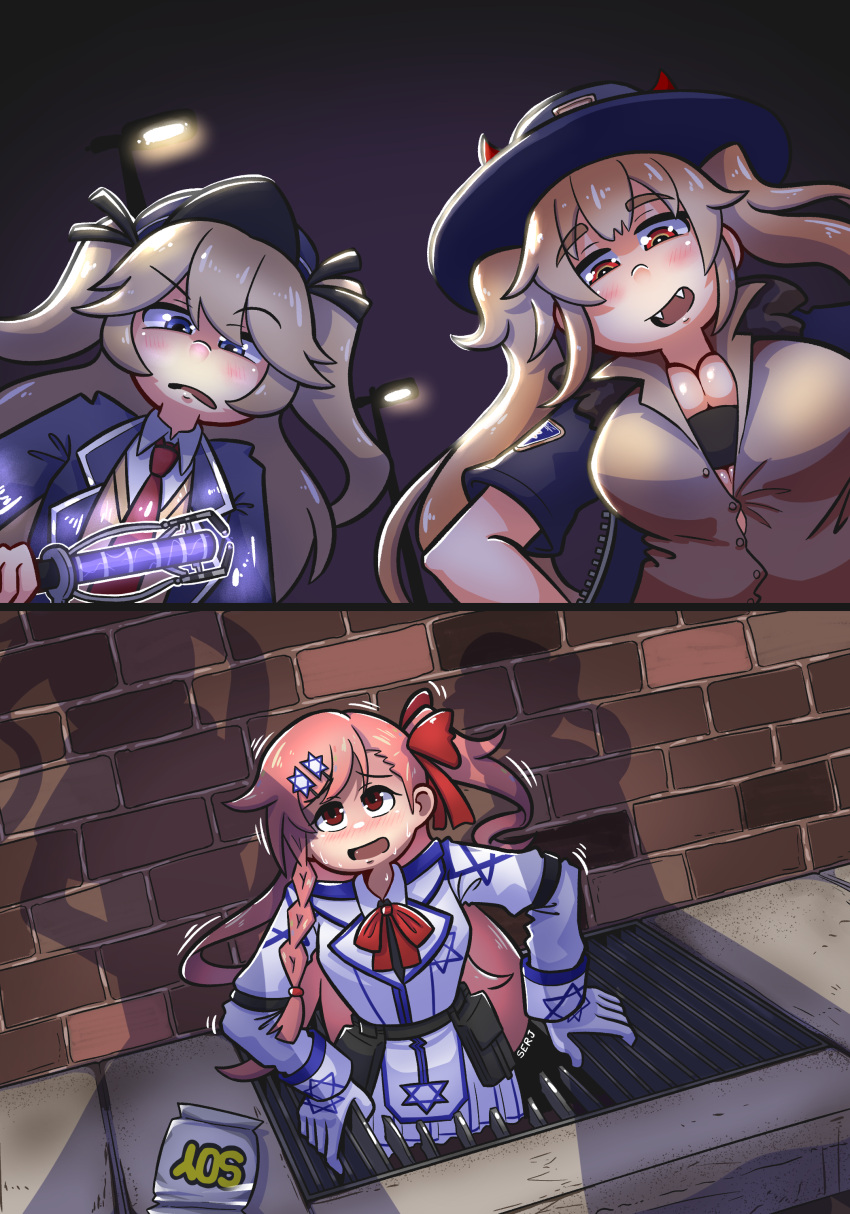 2024_new_york_city_jewish_tunnels 3girls absurdres blue_eyes blue_headwear blue_jacket blue_suit blue_trim bomber_jacket bow braid breasts brown_hair brown_shirt collared_shirt commission demon_horns dress fangs girls_frontline gloves gown hair_bow hat hexagram highres horns jacket large_breasts long_hair long_sleeves m870_(girls'_frontline) multiple_girls necktie negev_(girls'_frontline) one_side_up open_mouth peaked_cap pink_hair red_bow red_eyes red_horns red_necktie serjatronic shirt short_sleeves side_braid star_of_david suit super-shorty_(girls'_frontline) sweater twintails two_side_up white_dress white_gloves white_shirt yellow_sweater