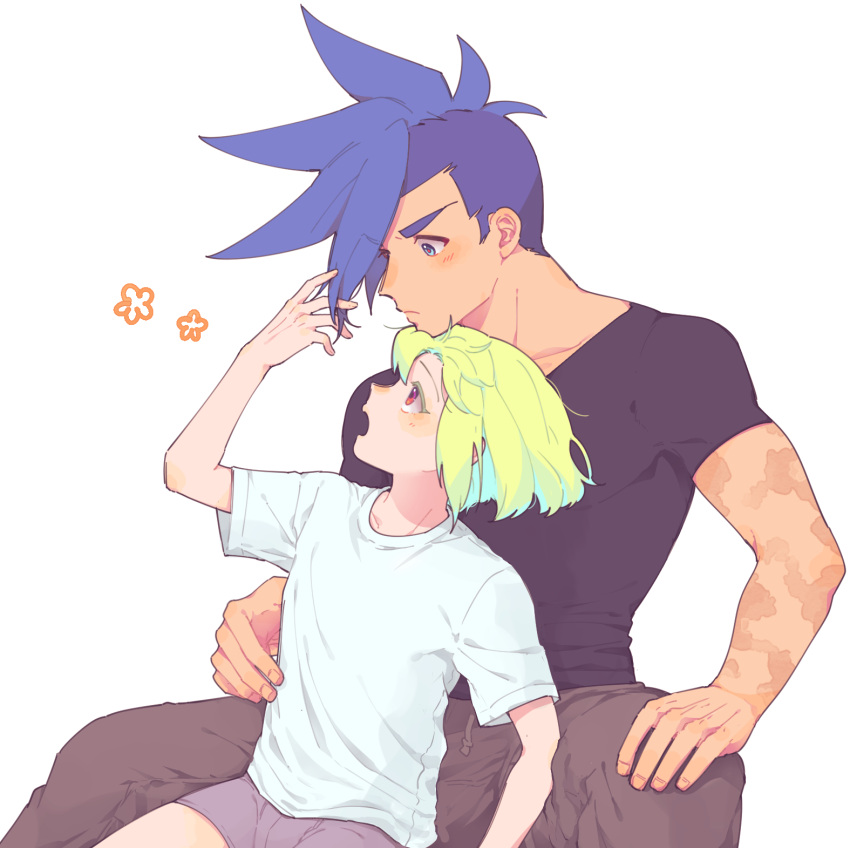 2boys androgynous arm_up black_shirt blue_eyes blue_hair blush commentary cropped_legs expressionless flower_(symbol) galo_thymos green_hair hand_on_own_knee head_rest highres kome_1022 lio_fotia looking_at_another looking_down looking_up male_focus mohawk multiple_boys open_mouth pink_eyes playing_with_another's_hair promare scar scar_on_arm shirt short_hair sidelocks simple_background sitting spiky_hair t-shirt upper_body white_background white_shirt