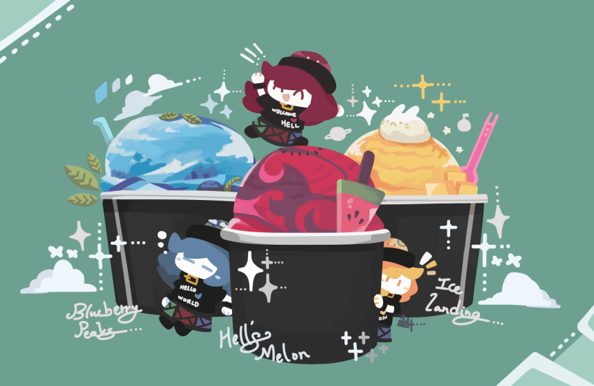 3girls :d black_shirt blonde_hair blue_hair chibi commentary english_commentary food full_body grey_background hecatia_lapislazuli hecatia_lapislazuli_(earth) hecatia_lapislazuli_(moon) ice_cream multiple_girls no_lineart popsicle redhead shirt simple_background smile thatpebble touhou