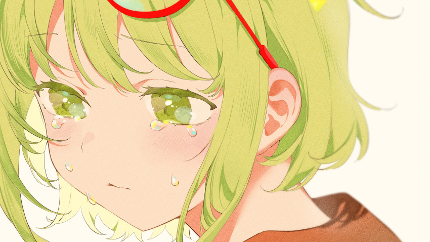 1girl blunt_ends blush brown_shirt closed_mouth crying eyewear_on_head flipped_hair from_side glasses green_eyes green_hair gumi highres looking_to_the_side messy_hair omutatsu pointy_hair red-framed_eyewear round_eyewear sad shirt short_hair short_hair_with_long_locks simple_background solo streaming_tears tears vocaloid wavy_mouth white_background