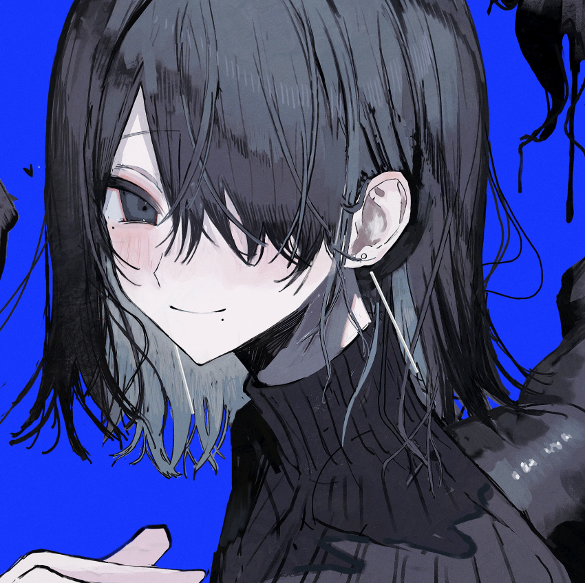 1other absurdres androgynous black_eyes black_hair black_shirt blue_background blush closed_mouth earrings hair_over_one_eye heart high_collar highres jewelry long_bangs looking_at_viewer mole mole_under_eye mole_under_mouth original parted_bangs portrait shirt shiun_(siun_5513) short_hair smile solo striped_clothes vertical-striped_clothes
