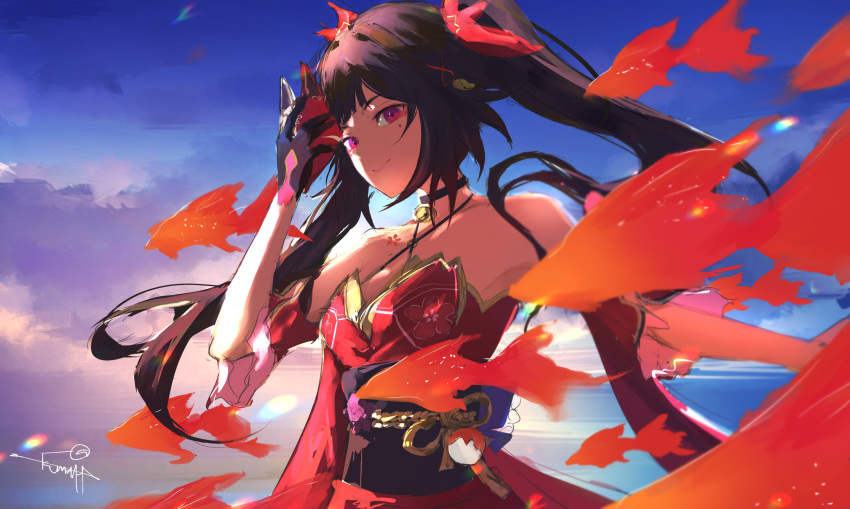 1girl absurdres blue_sky bow brown_hair closed_mouth clouds cloudy_sky criss-cross_halter detached_sleeves dress evening fish fox_mask from_side hair_bow halterneck highres holding holding_mask honkai:_star_rail honkai_(series) horizon kumah_dessu long_hair looking_at_viewer mask o-ring obi outdoors outstretched_arm pink_eyes red_bow red_dress red_sleeves sash short_sleeves sidelocks signature sky sleeveless sleeveless_dress smile solo sparkle_(honkai:_star_rail) twintails