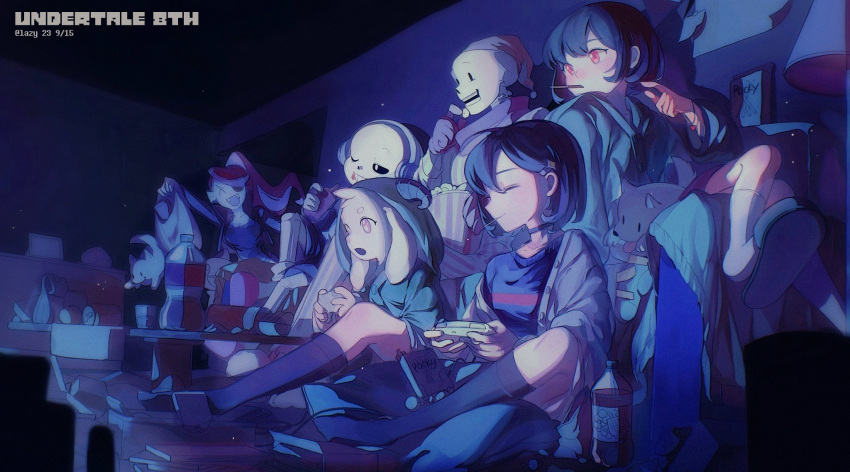 1girl 2boys 2others androgynous annoying_dog asriel_dreemurr bag black_choker black_hair black_thighhighs blue_jacket blue_sweater bottle cable can chara_(undertale) child chinese_commentary choker closed_eyes commentary_request controller copyright_name couch eating food food_in_mouth frisk_(undertale) from_side full_body furry furry_male goat_boy grocery_bag hair_ornament hairclip hat headphones highres holding holding_bag holding_controller hood hood_up indoors jacket lazy_kun looking_ahead monster_kid_(undertale) multiple_boys multiple_others nightcap off_shoulder on_couch on_floor onesie open_mouth pajamas papyrus_(undertale) pink_eyes pink_pajamas playing_games pocky popcorn red_eyes sans shopping_bag short_hair sitting slippers socks striped_clothes striped_pajamas sweater thigh-highs undertale undyne white_socks
