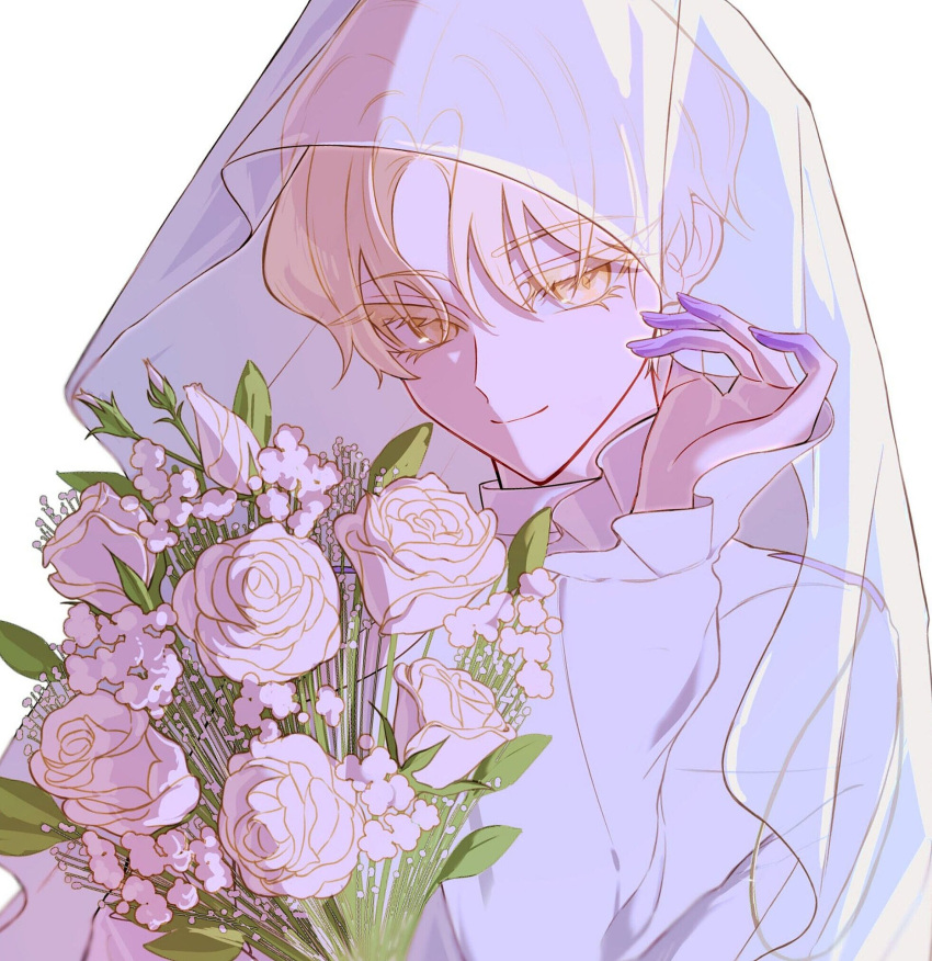 1boy alien_stage bishounen blonde_hair bouquet closed_mouth colored_eyelashes colored_skin commentary_request frilled_sleeves frills gradient_skin hand_up highres holding holding_bouquet kyon_(zmwh8222) long_eyelashes looking_at_viewer luka_(alien_stage) male_focus portrait purple_skin shirt short_hair smile solo white_background white_shirt white_veil yellow_eyes