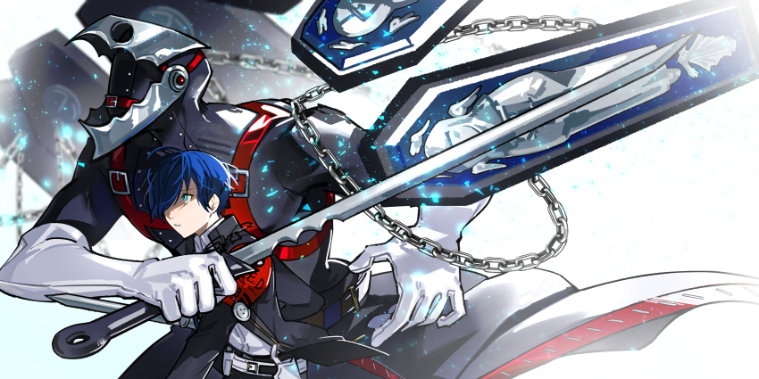 1boy absurdres akningovo belt black_jacket black_ribbon blue_eyes blue_hair chain collared_shirt commentary gekkoukan_high_school_uniform glowing glowing_eyes highres holding holding_sword holding_weapon jacket long_sleeves male_focus neck_ribbon open_clothes open_jacket parted_lips persona persona_3 persona_3_reload ribbon s.e.e.s school_uniform shirt short_hair size_difference sword thanatos_(persona) upper_body weapon white_shirt yuuki_makoto_(persona_3)