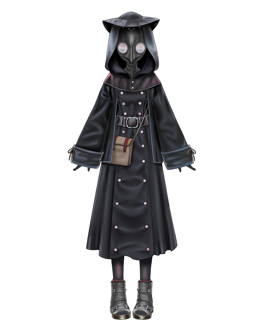 1girl absurdres alternate_costume arms_at_sides bag belt black_gloves boots derivative_work drawingdeebop full_body gloves hat highres hololive hololive_english hood hood_up looking_at_viewer nanashi_mumei pantyhose plague_doctor plague_doctor_mask robe shoulder_bag solo standing straight-on virtual_youtuber white_background