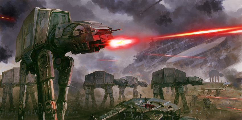 6+others at-at at-st battle blurry depth_of_field edouard_groult galactic_empire highres laser mecha military military_vehicle multiple_others robot science_fiction smoke star_wars walker_(robot)