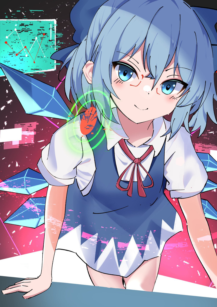&gt;:) 1girl arm_support bespectacled blue_bow blue_dress blue_eyes blue_hair bow cirno closed_mouth collared_shirt commentary_request cowboy_shot digital_dissolve dress glasses hair_between_eyes hair_bow highres ice ice_wings kyuu_cat light_blush looking_at_viewer neck_ribbon partial_commentary pink_background puffy_short_sleeves puffy_sleeves red-framed_eyewear red_ribbon ribbon shirt short_hair short_sleeves simple_background sleeveless sleeveless_dress smile solo touhou tsurime v-shaped_eyebrows white_shirt wings