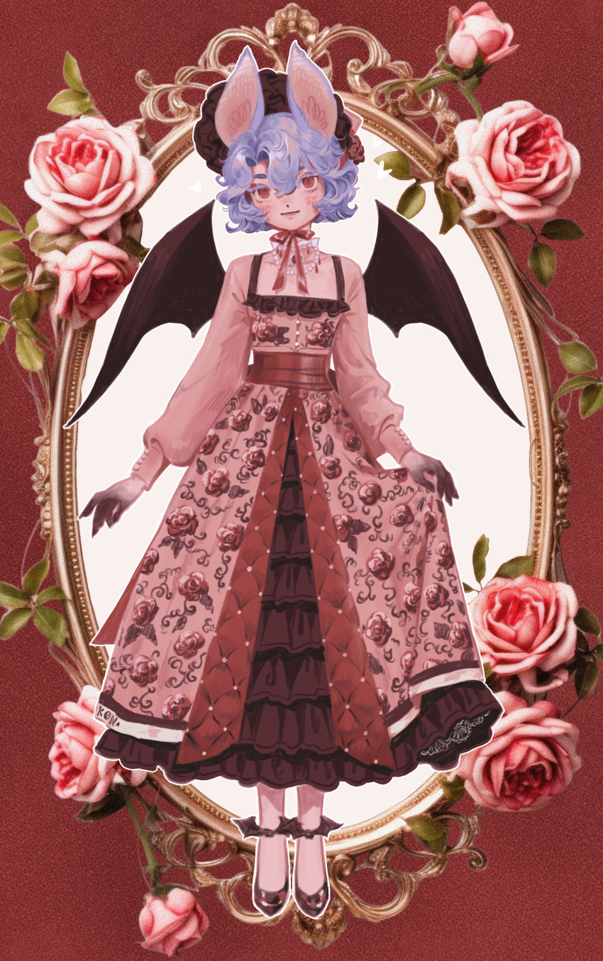 1girl absurdres alternate_costume animal_ears bat_ears bat_girl bat_wings bonnet closed_mouth commentary dress floral_print flower full_body highres jewelry k0nfette kemonomimi_mode layered_skirt long_sleeves looking_at_viewer necklace pearl_necklace pink_dress pink_flower pink_rose purple_hair red_eyes red_headwear red_ribbon red_skirt remilia_scarlet ribbon rose rose_print short_hair skirt skirt_hold solo touhou wings