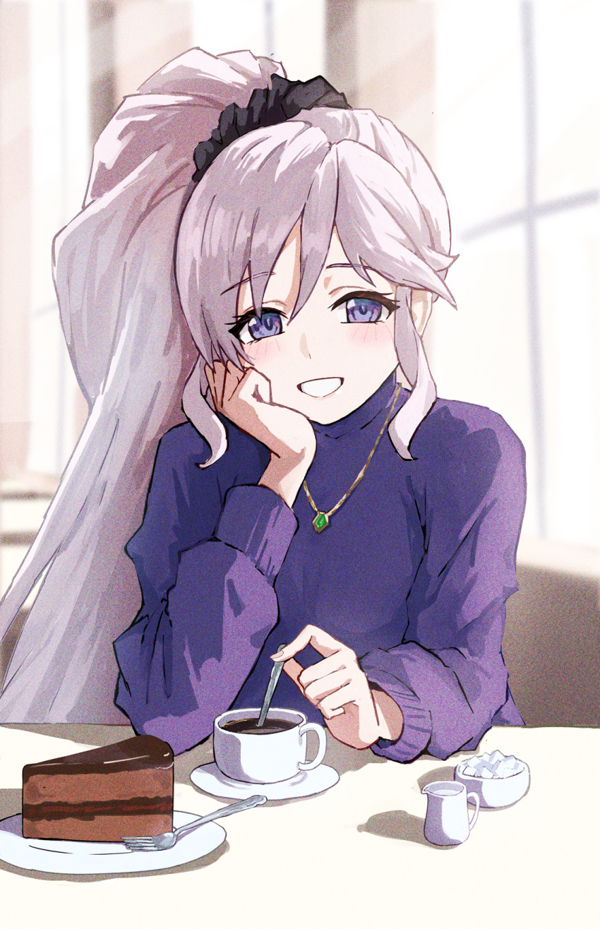 1girl :d blush cake cake_slice coffee commission cup drink film_grain fire_emblem fire_emblem_heroes food fork grey_hair grin hair_ornament hair_scrunchie hand_on_own_cheek hand_on_own_face head_rest high_ponytail highres holding holding_spoon indoors ishtar_(fire_emblem) jewelry light_rays long_hair long_sleeves looking_at_viewer necklace plate purple_sweater ryoha_kosako saucer scrunchie sitting skeb_commission smile solo spoon sugar_cube sunlight sweater teacup turtleneck turtleneck_sweater upper_body violet_eyes