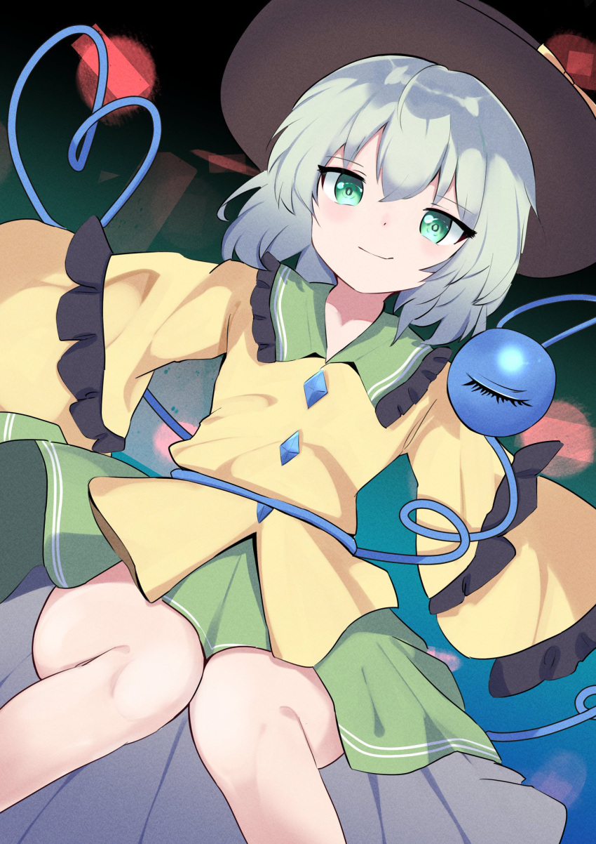 1girl black_headwear blush bright_pupils buttons closed_mouth commentary diamond_button dutch_angle feet_out_of_frame frilled_shirt_collar frilled_sleeves frills gradient_background green_eyes green_hair green_skirt hair_between_eyes hat heart heart_of_string highres knees_together_feet_apart komeiji_koishi kyuu_cat looking_at_viewer medium_hair outstretched_arms shirt simple_background sitting skirt sleeves_past_wrists smile smirk solo third_eye touhou tsurime wide_sleeves yellow_shirt