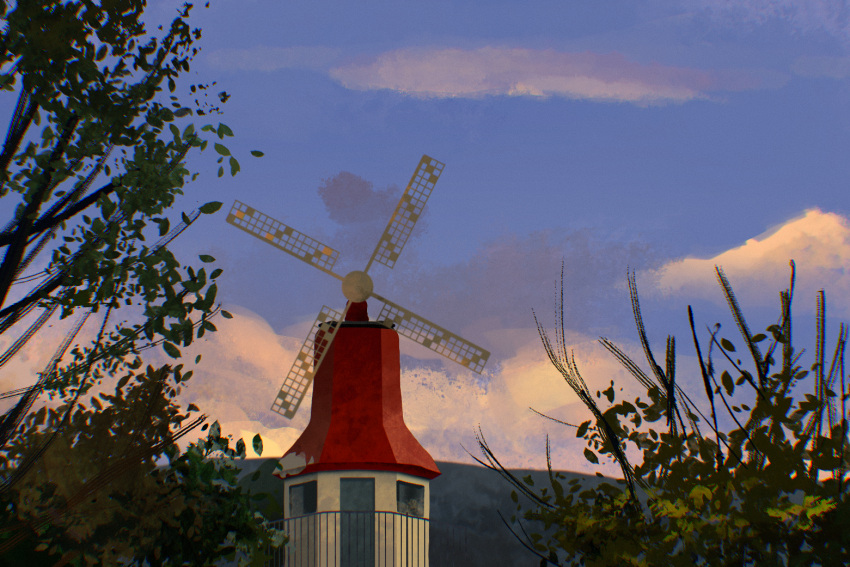 acidinjection building chromatic_aberration clouds evening leaf no_humans original outdoors plant railing scenery sky still_life tree windmill