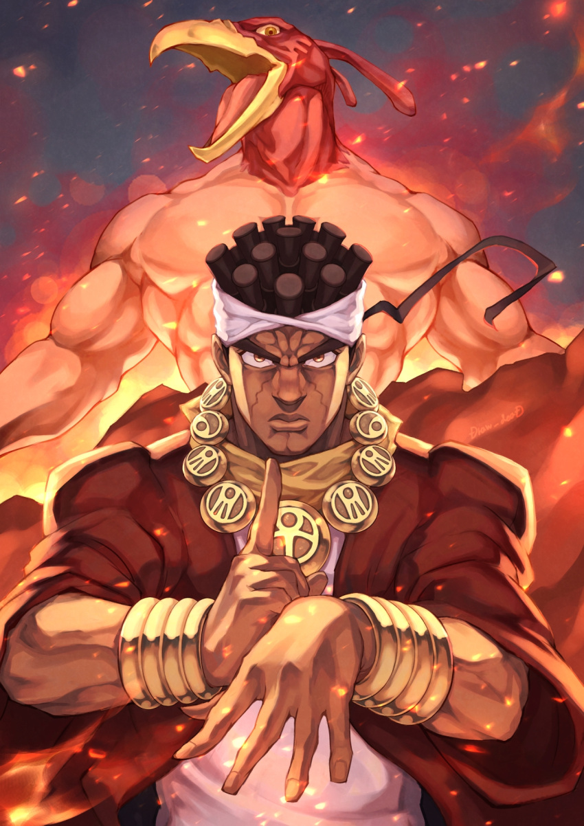 2boys bracelet brown_eyes brown_hair brown_scarf closed_mouth coat commentary_request dark-skinned_male dark_skin fire headband highres jewelry jojo_no_kimyou_na_bouken looking_at_viewer magician's_red male_focus mohammed_avdol multiple_boys muscular muscular_male necklace open_clothes open_coat red_coat scarf shikabane_(draw_tadao14) shirt short_hair smoke stand_(jojo) standing stardust_crusaders white_headband white_shirt