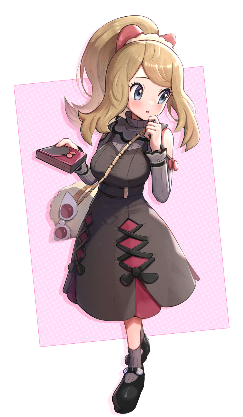 1girl absurdres bag black_dress black_footwear blonde_hair blush box breasts clothing_cutout dress full_body gonzarez grey_eyes grey_socks hand_to_own_mouth highres holding holding_box large_breasts looking_at_viewer official_alternate_costume open_mouth pokemon pokemon_masters_ex ponytail red_dress ribbed_sweater serena_(palentine's_2021)_(pokemon) serena_(pokemon) shoes shoulder_bag shoulder_cutout sidelocks sleeveless sleeveless_dress socks solo sweater