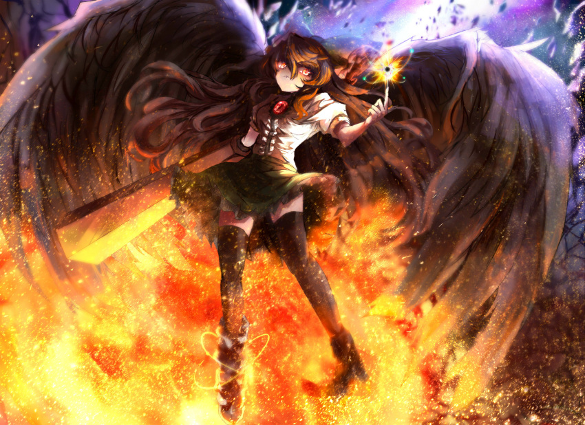1girl arm_cannon atom bird_wings black_sun black_thighhighs black_wings bow breasts brown_hair closed_mouth commentary_request control_rod embers fire floating_hair floating_rock frilled_skirt frills frown full_body glowing glowing_eyes green_bow green_skirt hair_between_eyes hair_bow heat_haze highres index_finger_raised long_bangs long_hair matsufox medium_breasts orange_eyes puffy_short_sleeves puffy_sleeves reiuji_utsuho serious shirt short_sleeves skirt solo sun thigh-highs third_eye touhou weapon white_shirt wings zettai_ryouiki