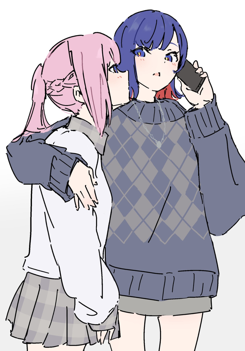 2girls annoyed argyle_clothes argyle_sweater arm_around_shoulder atenaba blue_eyes blue_hair braid colored_inner_hair commentary french_braid gradient_background grey_background grey_skirt grey_sweater hashtag_only_commentary highres holding holding_phone kaf_(kamitsubaki_studio) kamitsubaki_studio long_sleeves looking_at_another looking_at_viewer medium_hair multicolored_hair multiple_girls open_mouth phone pink_hair plaid plaid_skirt pleated_skirt ponytail redhead rim_(kamitsubaki_studio) skirt sweater talking_on_phone white_background white_sweater yellow_pupils yuri