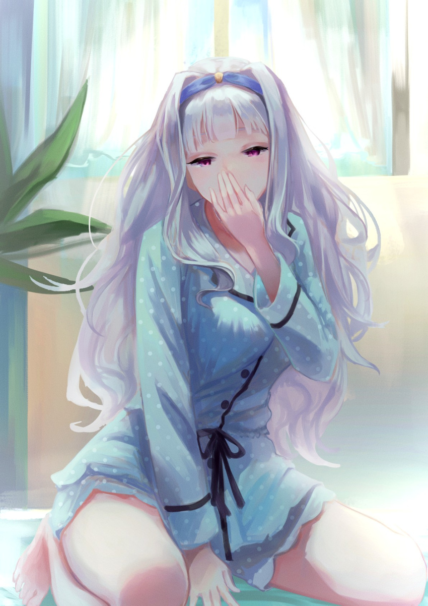 arm_between_legs barefoot blue_hairband blue_pajamas blunt_bangs choppy_bangs commentary covering_own_mouth curtains full_body grey_hair hairband hand_over_own_mouth highres idolmaster idolmaster_(classic) indoors kneeling long_hair morning pajamas polka_dot polka_dot_pajamas polka_dot_shorts sayuumigi shijou_takane shorts very_long_hair violet_eyes waking_up yawning