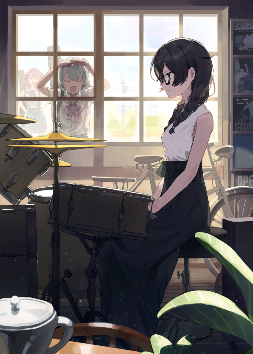 3girls against_window alternate_costume arms_up bicycle black_hair black_skirt bow bowtie braid breasts cevio closed_mouth commentary_request day double_bun drum drum_set drumsticks facing_another feet_out_of_frame from_side glasses green_eyes grey_hair guitar_case hair_bun hair_over_shoulder hanakuma_chifuyu hands_on_lap hands_on_own_hips highres hitogome holding holding_drumsticks indoors instrument instrument_case instrument_on_back koharu_rikka light_particles light_smile long_skirt looking_ahead looking_inside loose_bowtie low_twin_braids medium_breasts multiple_girls natsuki_karin on_stool open_mouth pink_bow pink_bowtie plant profile school_uniform shirt shirt_tucked_in short_sleeves sitting skirt sleeveless sleeveless_shirt smile synthesizer_v teapot twin_braids v-shaped_eyebrows white_shirt window