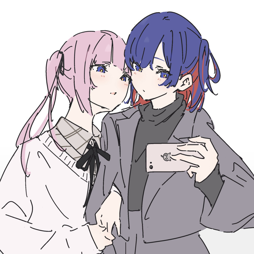 2girls atenaba black_ribbon black_sweater blue_eyes blue_hair cellphone collared_shirt colored_inner_hair commentary grey_jacket grey_shirt hair_ribbon hashtag_only_commentary highres holding holding_phone jacket kaf_(kamitsubaki_studio) kamitsubaki_studio locked_arms long_hair long_sleeves multicolored_hair multiple_girls neck_ribbon one_side_up parted_lips phone pink_hair redhead ribbon rim_(kamitsubaki_studio) shirt simple_background smartphone smile sweater turtleneck twintails white_background white_sweater yellow_pupils yuri
