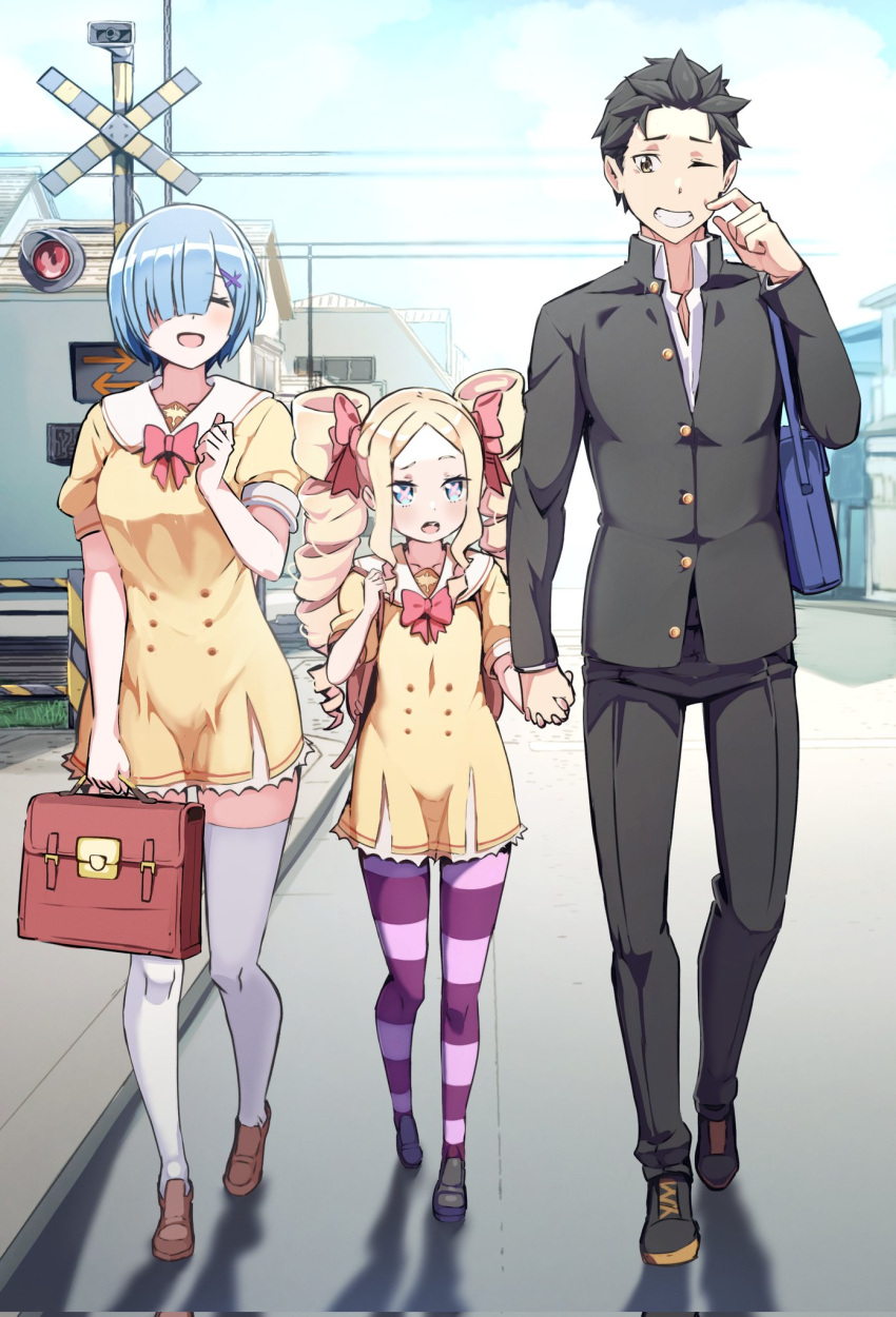 1boy 2girls :d ^_^ bag beatrice_(re:zero) black_hair blonde_hair blue_bag blue_hair bow brown_footwear clenched_teeth closed_eyes commentary contemporary corrupted_twitter_file drill_hair english_commentary full_body grin hair_bow hair_over_one_eye hand_up highres holding_hands interlocked_fingers loafers multiple_girls outdoors pantyhose purple_pantyhose railroad_crossing railroad_signal re:zero_kara_hajimeru_isekai_seikatsu red_bag red_bow rem_(re:zero) road school_uniform shoes short_hair shoulder_bag smile striped_clothes striped_pantyhose teeth thigh-highs twin_drills walking white_thighhighs zerobarto