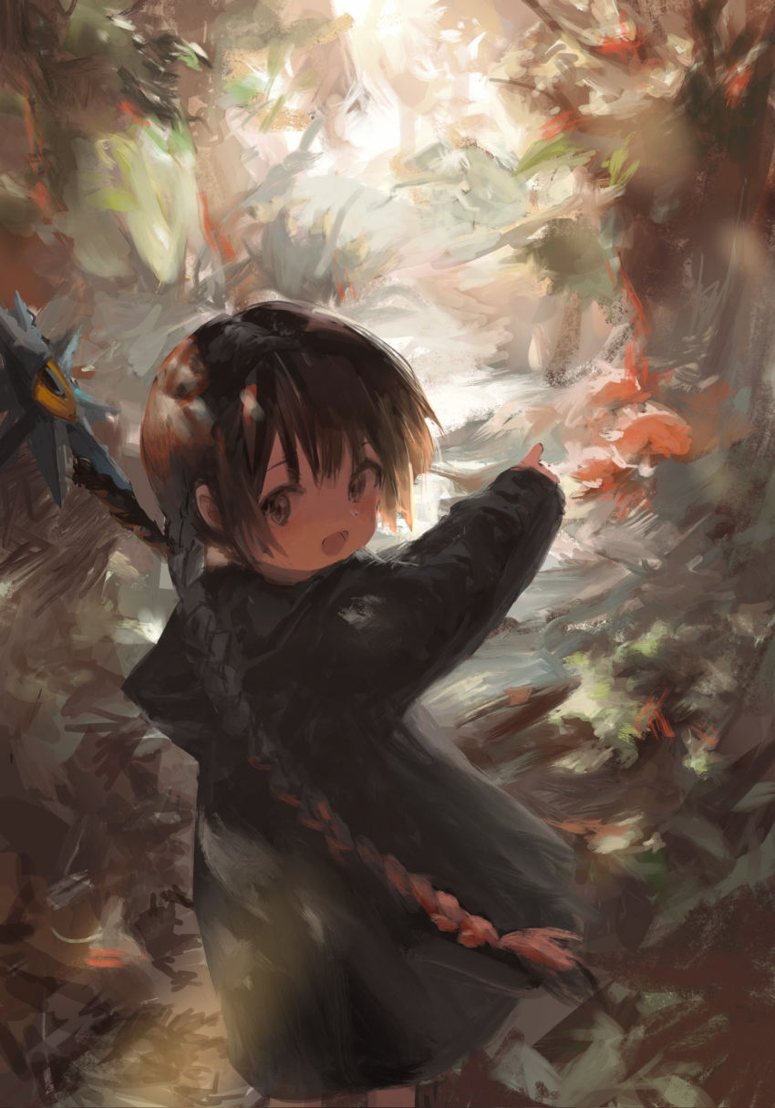 1girl :d black_robe braid brown_eyes brown_hair feet_out_of_frame forest from_behind hashtag_only_commentary highres holding holding_staff hooded_robe kouka_(mrakano5456) kukuri_(mahoujin_guruguru) long_hair looking_at_viewer looking_back mahoujin_guruguru nature open_mouth outdoors pointing pointing_forward robe smile solo staff very_long_hair