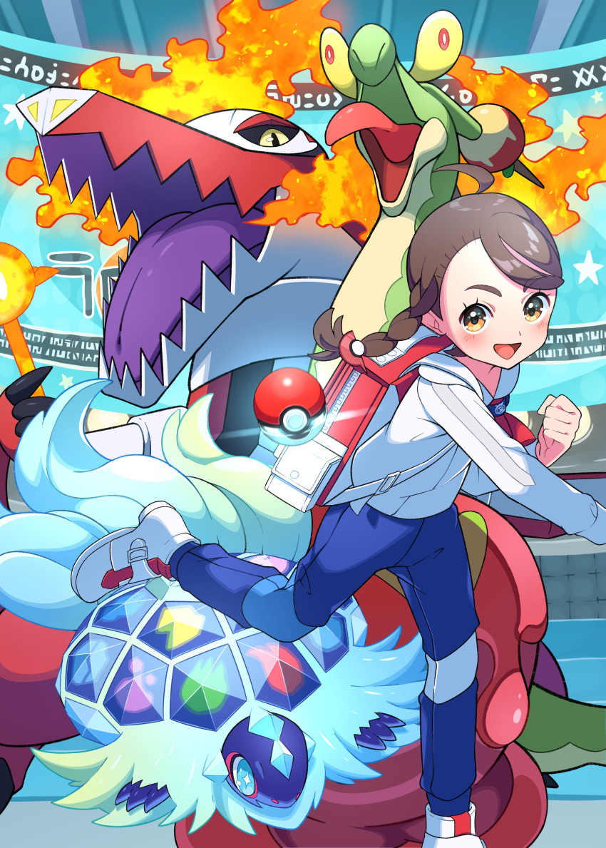 1girl :d absurdres backpack bag blue_pants blush braid brown_hair clenched_hand commentary_request eyelashes fire highres hydrapple juliana_(pokemon) leg_up long_sleeves open_mouth pants poke_ball poke_ball_(basic) pokemon pokemon_(creature) pokemon_sv pon_yui red_bag shirt shoes skeledirge smile terapagos terapagos_(terastal) throwing tongue white_footwear white_shirt zipper