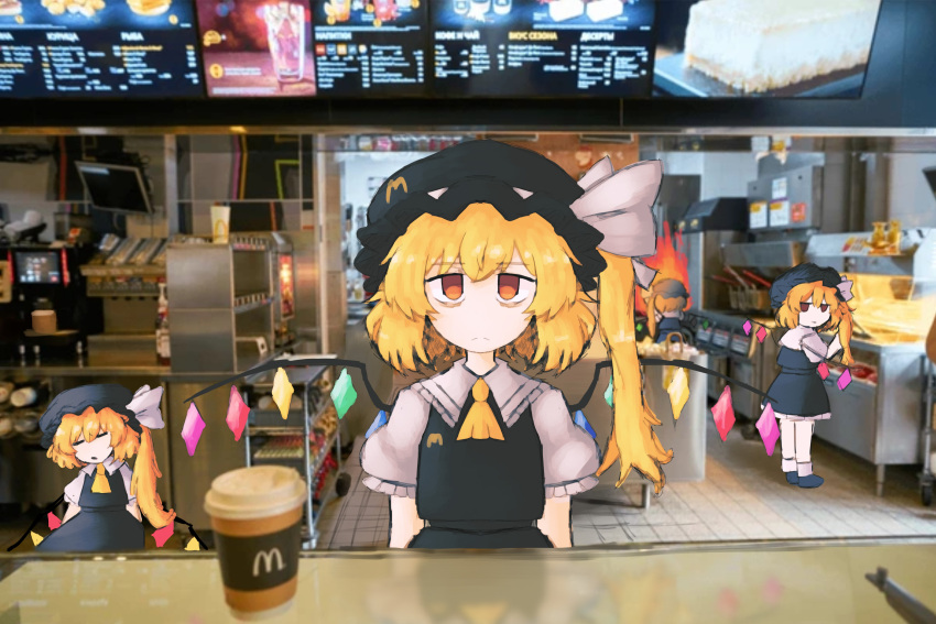 4girls absurdres alternate_color ascot black_headwear black_vest blonde_hair clone commentary crystal cup disposable_cup empty_eyes english_commentary fire flandre_scarlet frown hat hat_ribbon highres iesonatana indoors jitome kitchen looking_at_viewer mcdonald's mob_cap multiple_girls one_side_up orange_eyes photo_background ribbon side_ponytail sitting skirt skirt_set sleeping straight-on touhou vest white_ribbon wings yellow_ascot