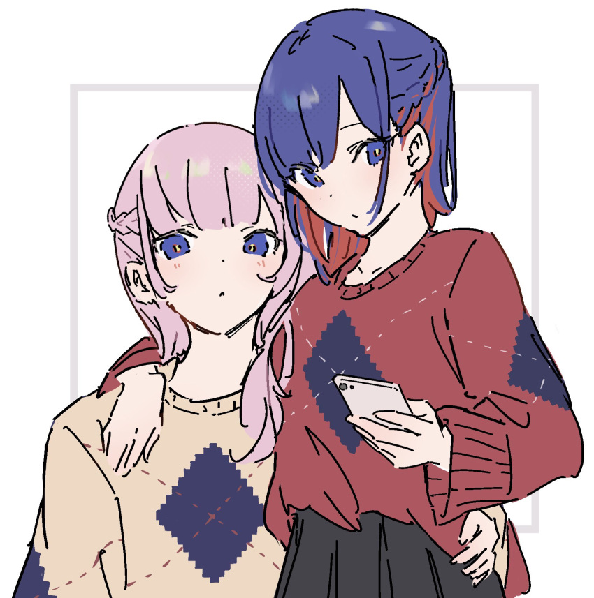 2girls arm_around_neck atenaba black_skirt blue_eyes blue_hair braid brown_sweater closed_mouth colored_inner_hair commentary french_braid hand_on_another's_waist hashtag_only_commentary highres kaf_(kamitsubaki_studio) kamitsubaki_studio long_hair long_sleeves multicolored_hair multiple_girls parted_lips pink_hair pleated_skirt red_sweater redhead rim_(kamitsubaki_studio) simple_background skirt sweater white_background yellow_pupils