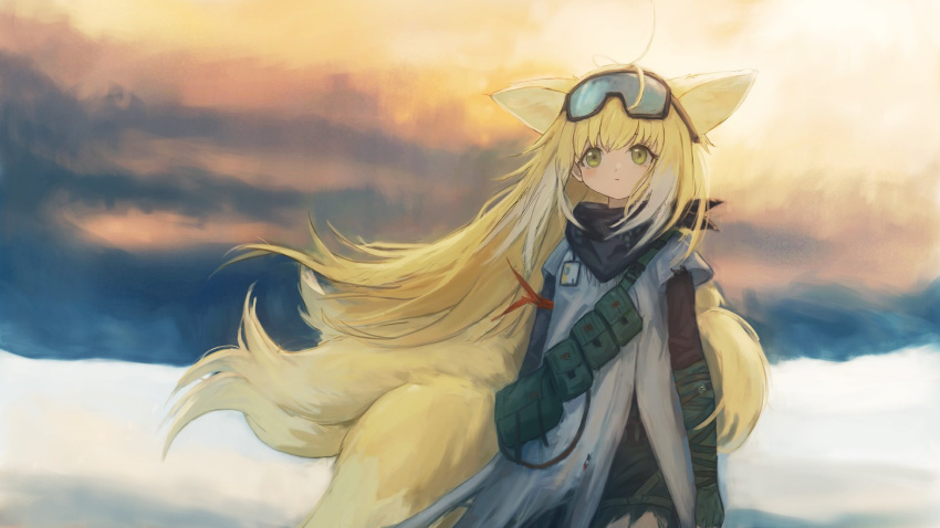 1girl animal_ears arknights black_scarf blonde_hair chinese_commentary closed_mouth colored_tips commentary fox_ears fox_girl fox_tail goggles goggles_on_head green_eyes gumiaoandpeace highres kitsune kyuubi multicolored_hair multiple_tails official_alternate_costume scarf solo suzuran_(arknights) suzuran_(lostlands_flowering)_(arknights) tail white_hair