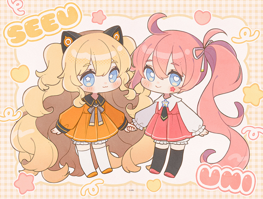 2girls :3 ahoge animal_ears black_necktie black_sailor_collar blonde_hair bloomers blue_eyes bright_pupils cat_ears character_name closed_mouth collared_dress deformed dress facial_mark fake_animal_ears frilled_sleeves frills grey_ribbon hair_between_eyes hair_ribbon heart heart-shaped_pupils hn_(artist) holding_hands long_hair long_sleeves looking_at_viewer multiple_girls necktie orange_dress orange_footwear pink_dress pink_hair ribbon sailor_collar seeu side_ponytail smile star-shaped_pupils star_(symbol) symbol-shaped_pupils thigh-highs under_night_in-birth uni_(vocaloid) very_long_hair vocaloid wavy_hair white_bloomers white_pupils white_ribbon white_thighhighs