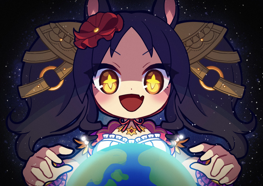 1girl absurdres animal_ears black_hair breasts chibi dot_nose earth_(planet) fang giant giantess hair_ornament highres horse_ears jewelry maigo_(user_xkwr8585) marvelous_sunday_(umamusume) medium_breasts necklace open_mouth planet shaded_face shirt skin_fang smile solo space star_(sky) straight-on twintails umamusume upper_body v-shaped_eyebrows white_shirt wrist_cuffs